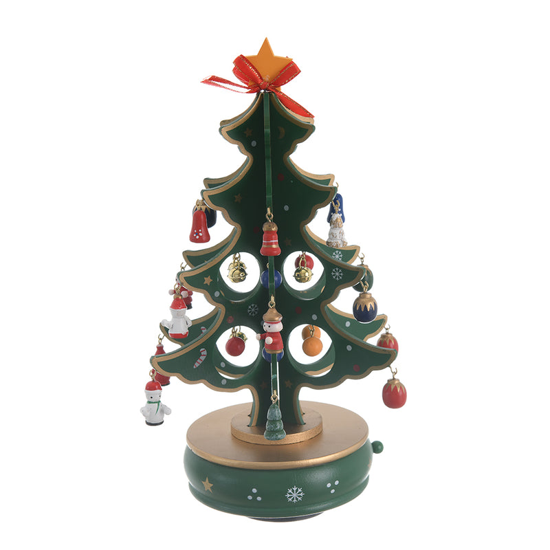 A Christmas tree music box with a wooden revolving design and a green*golden spring