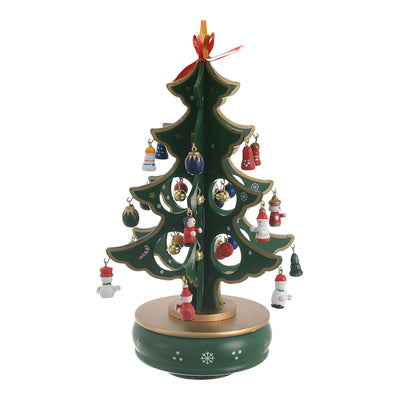 A Christmas tree music box with a wooden revolving design and a green*golden spring