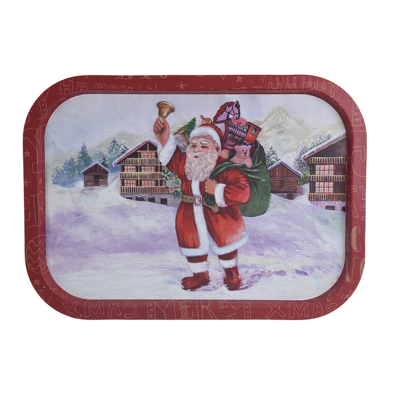 A square Christmas tray in the shape of a snowy city and Santa Claus with a bell