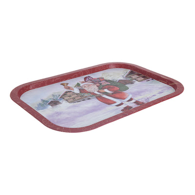 A square Christmas tray in the shape of a snowy city and Santa Claus with a bell