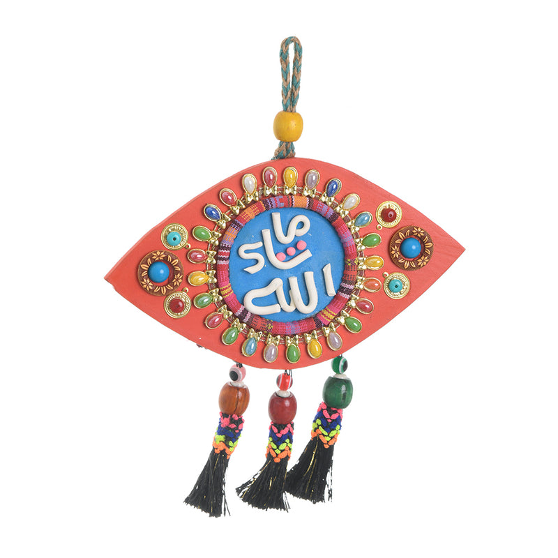 Mashallah wooden plaque, eye shape, 20 x 11 cm, orange