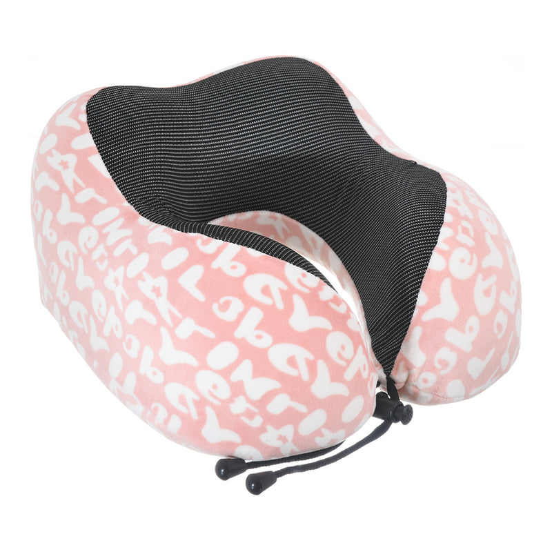 Travel neck pillow with velor cover engraved with letters in the shape of the letter U