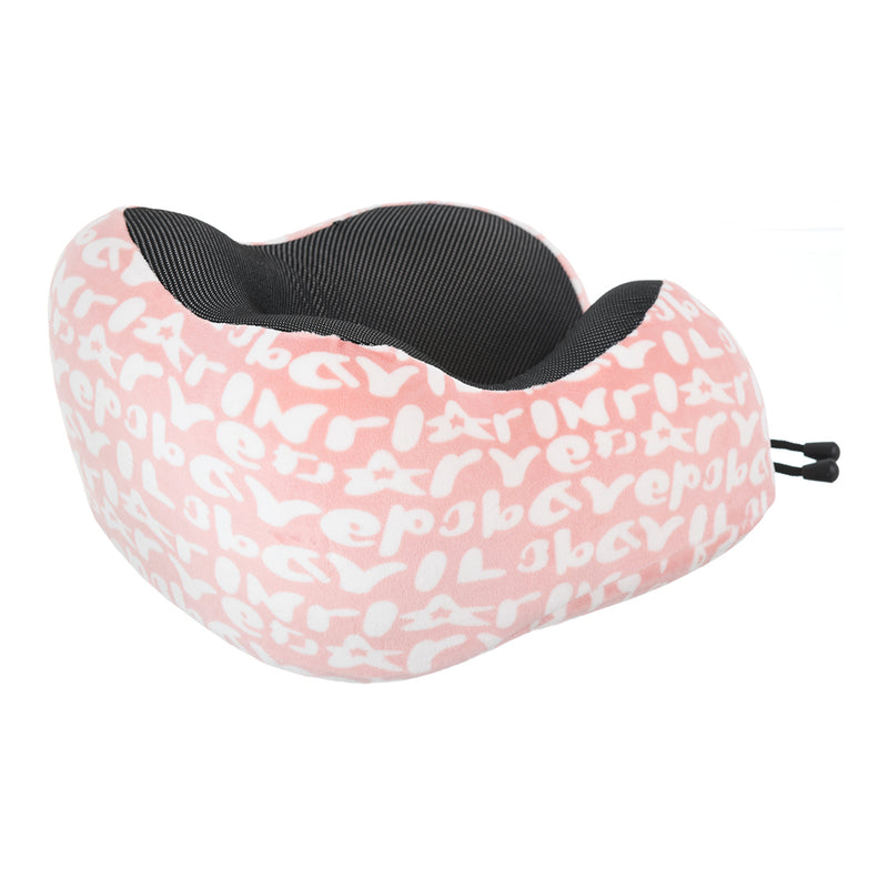 Travel neck pillow with velor cover engraved with letters in the shape of the letter U