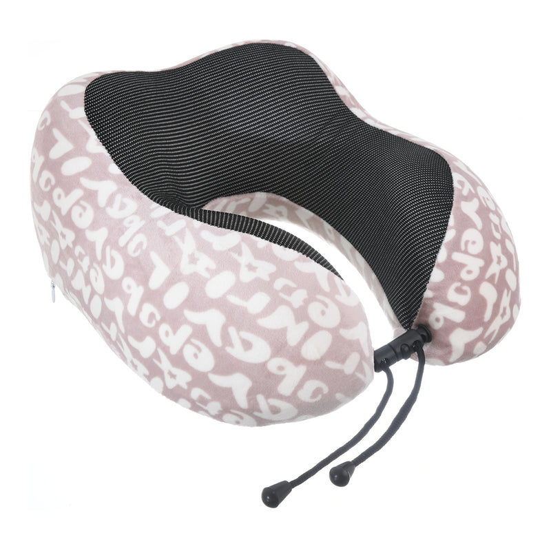 Travel neck pillow with velor cover engraved with letters in the shape of the letter U