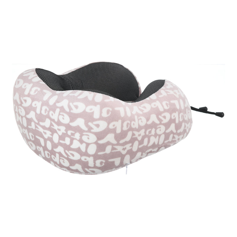 Travel neck pillow with velor cover engraved with letters in the shape of the letter U