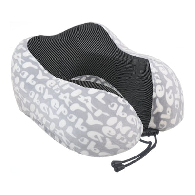 Travel neck pillow with velor cover engraved with letters in the shape of the letter U