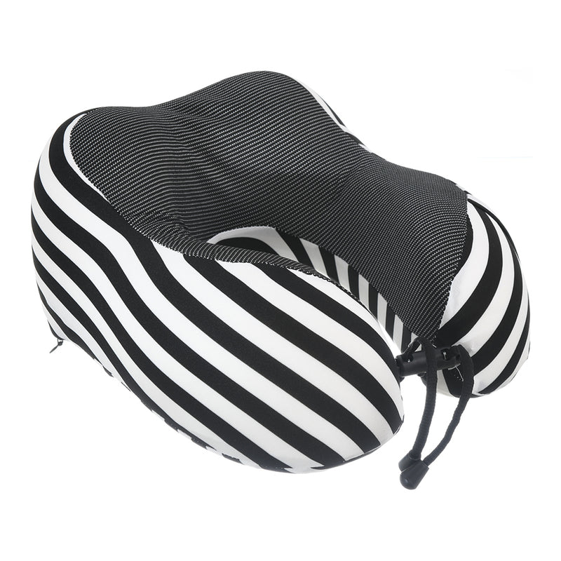 Travel neck pillow with a wide U-shaped striped Lycra cover