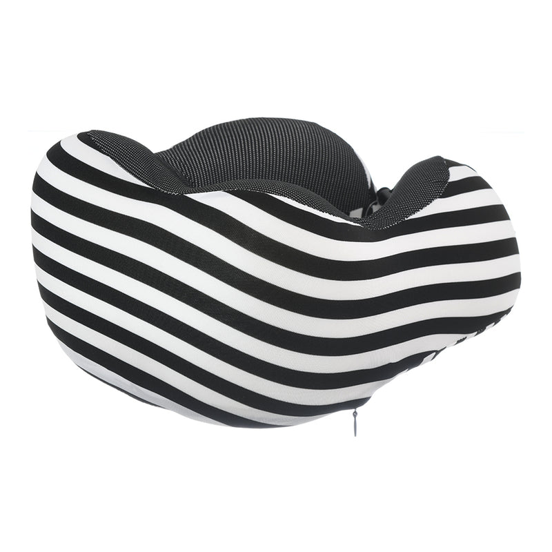 Travel neck pillow with a wide U-shaped striped Lycra cover