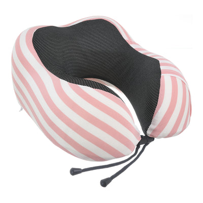 Travel neck pillow with a wide U-shaped striped Lycra cover