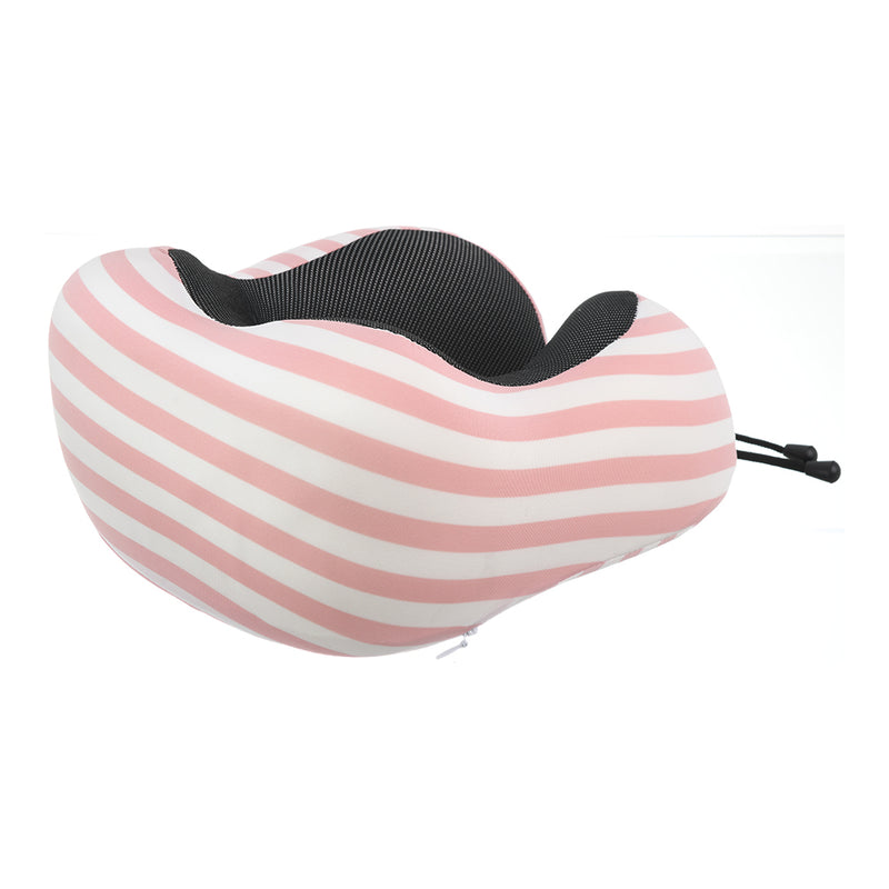 Travel neck pillow with a wide U-shaped striped Lycra cover