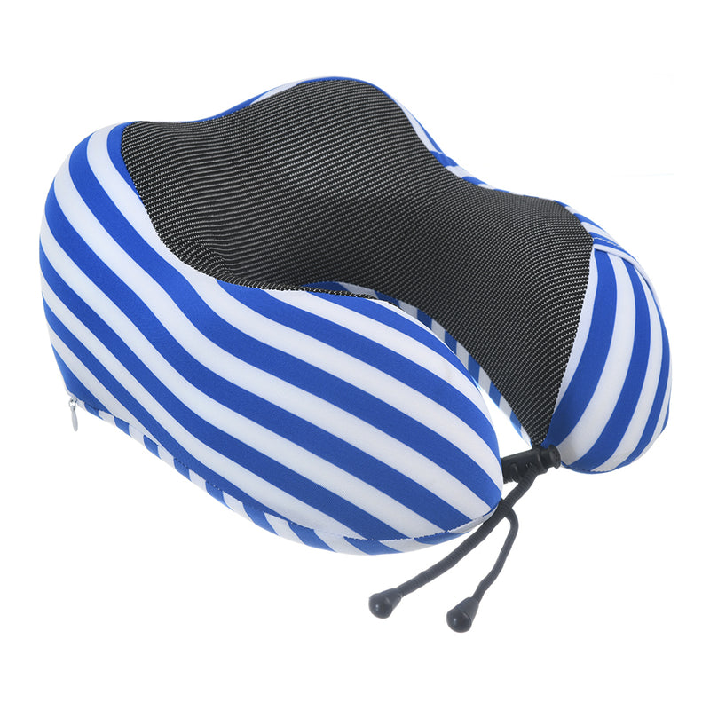 Travel neck pillow with a wide U-shaped striped Lycra cover