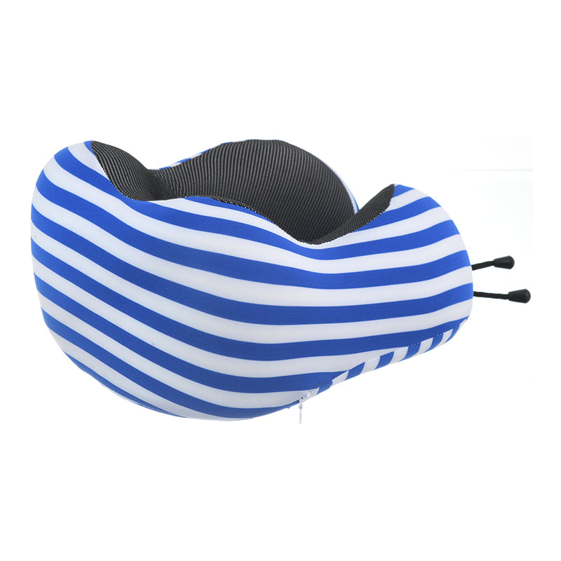 Travel neck pillow with a wide U-shaped striped Lycra cover