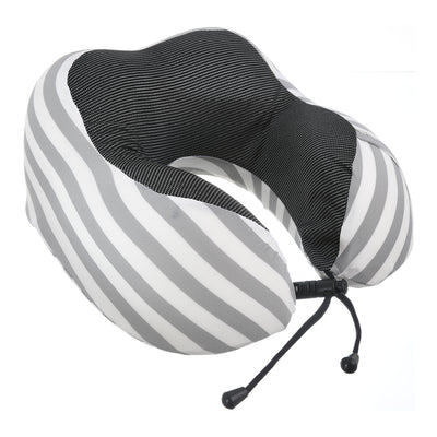 Travel neck pillow with a wide U-shaped striped Lycra cover