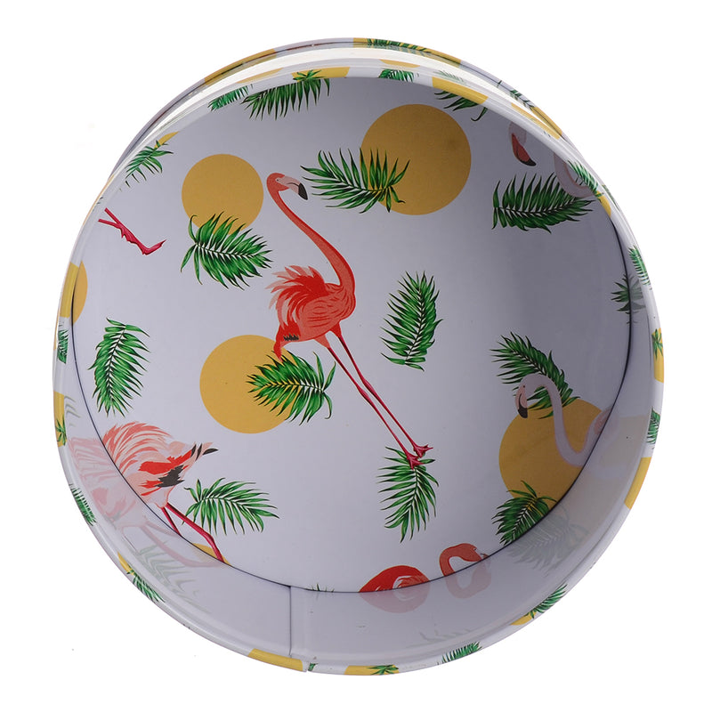 A multi-use circular metal can with a white flamingo design lid, 13 x 13 x 7 cm.