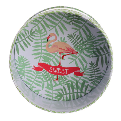 A multi-use circular metal can with a green flamingo design lid, 13 x 13 x 7 cm.