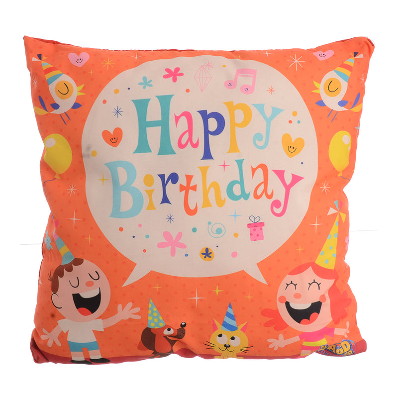 A pillow with a circle print with happy birthday inside, with a boy and a girl, red*orange, 30*30 cm