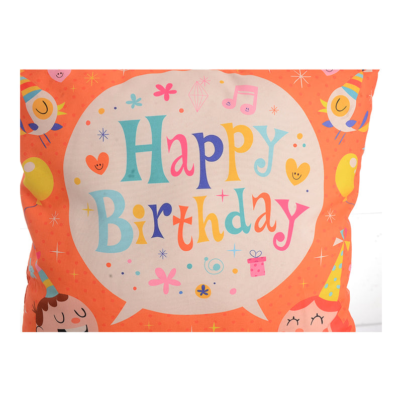 A pillow with a circle print with happy birthday inside, with a boy and a girl, red*orange, 30*30 cm