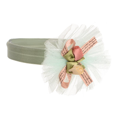 A bow headband with two satin roses for children