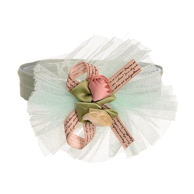 A bow headband with two satin roses for children