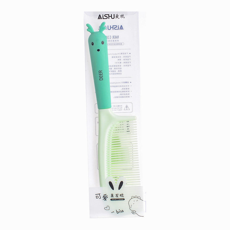 Wide tooth comb for detangling hair in the shape of a green deer