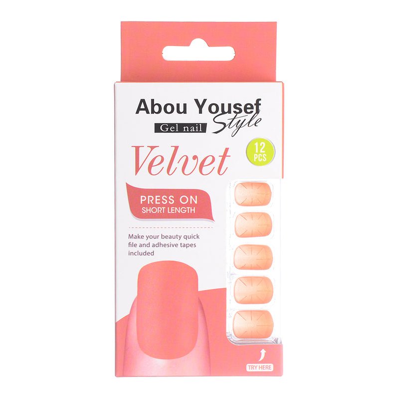 Short length velvet gel nails from Abu Youssef Style, 12 pieces, SH304