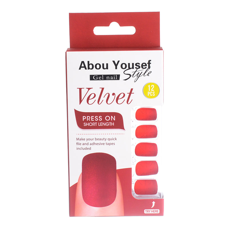 Short length velvet gel nails from Abu Youssef Style, 12 pieces, SH111