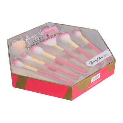 A set of fuchsia blush brushes with a makeup sponge, 8 pieces, fuchsia