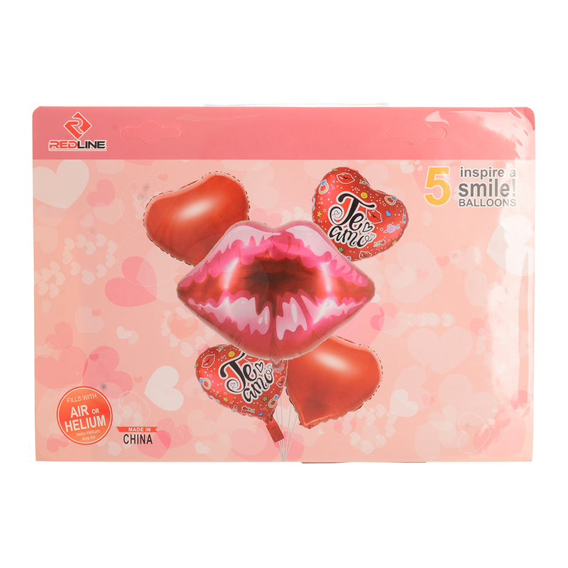 A set of helium balloons in the shape of hearts and lips, 5 x 1