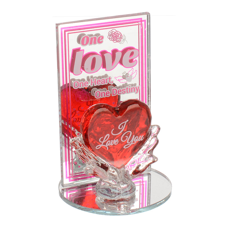 Heart between two palms, decorative glass with a red circular mirror base