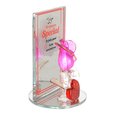 Valentine's Day rose, glass decor, with a fuchsia circular mirror base