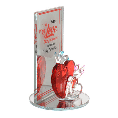 Two hearts, Valentine's Day glass decor with a red circular mirror base