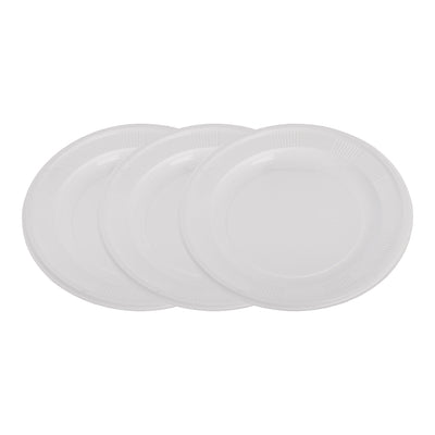 A set of white round stainless steel plates for all occasions, 3 in 1