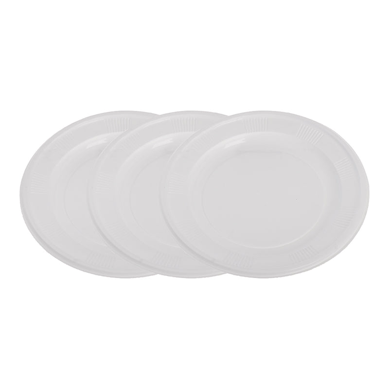 A set of white round stainless steel plates for all occasions, 3 in 1