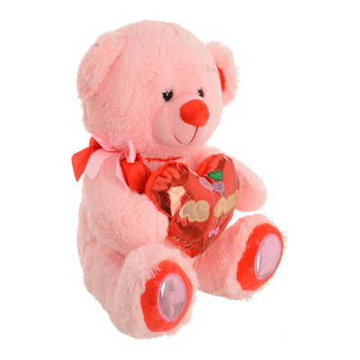 Soft fur teddy bear shape doll with a pink leather heart design