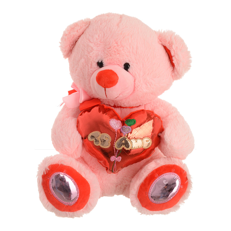 Soft fur teddy bear shape doll with a pink leather heart design