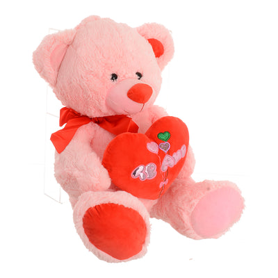 Soft fur teddy bear doll with a pink plush heart design