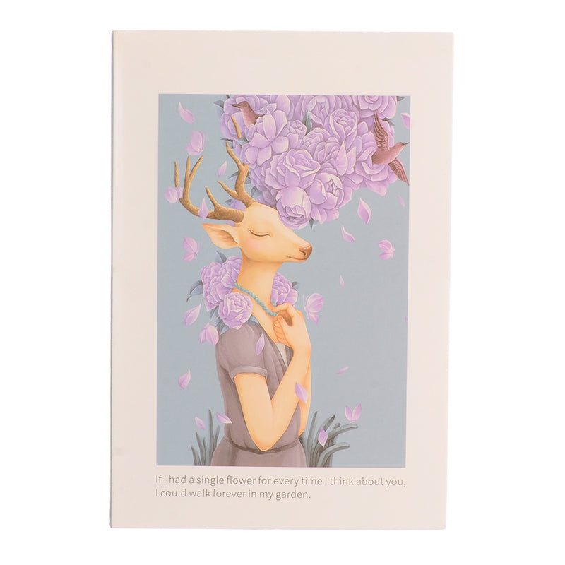 A rectangular greeting card with the shape of a deer and purple roses