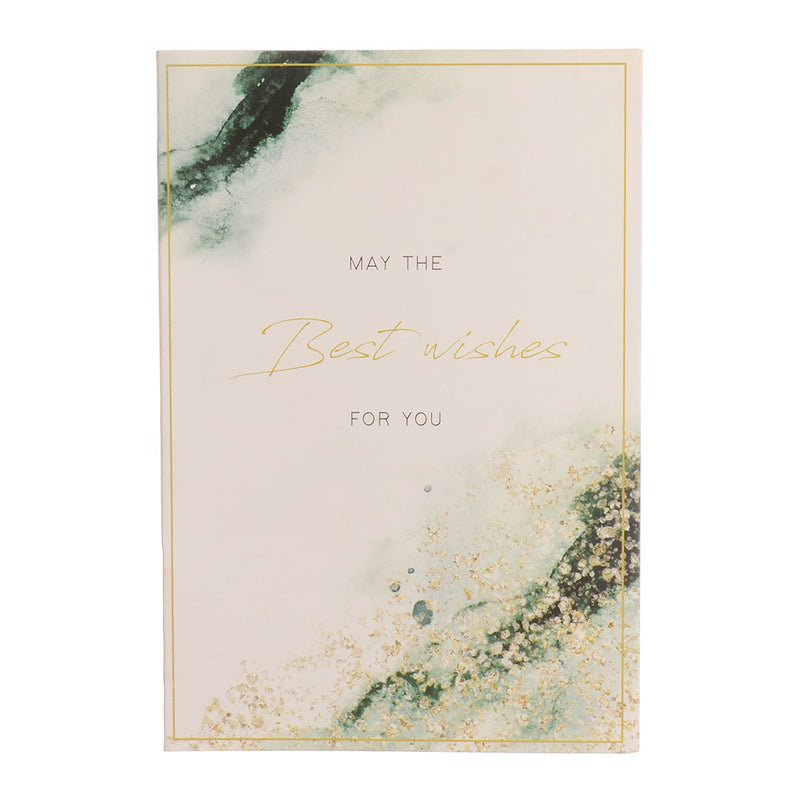 A rectangular greeting card with BEST Wishes written in white*green color