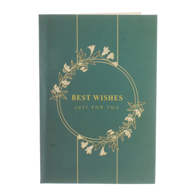 A rectangular greeting card with BEST Wishes written in green