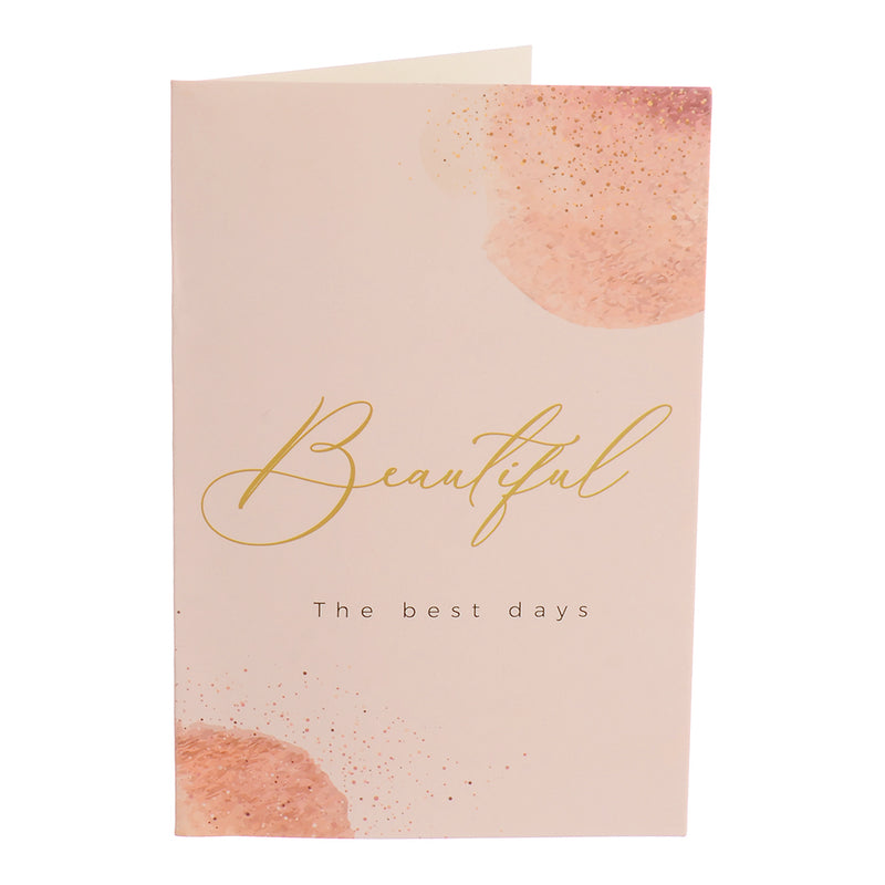 A rectangular greeting card with “Beautiful” written in pink color