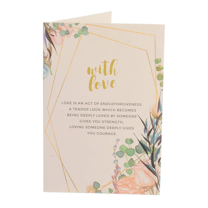 A rectangular greeting card with WITH LOVE written in white