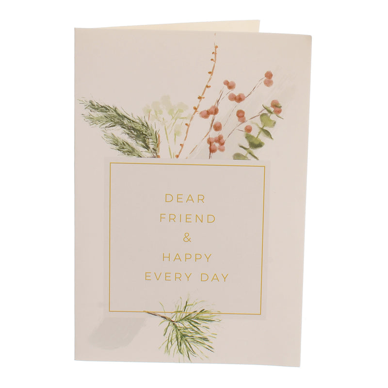 A rectangular greeting card with the writing DEAR FRIND, white