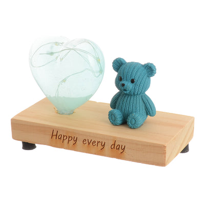 Luminous heart-shaped glass crystal with a teddy bear, cyan color, 12*6