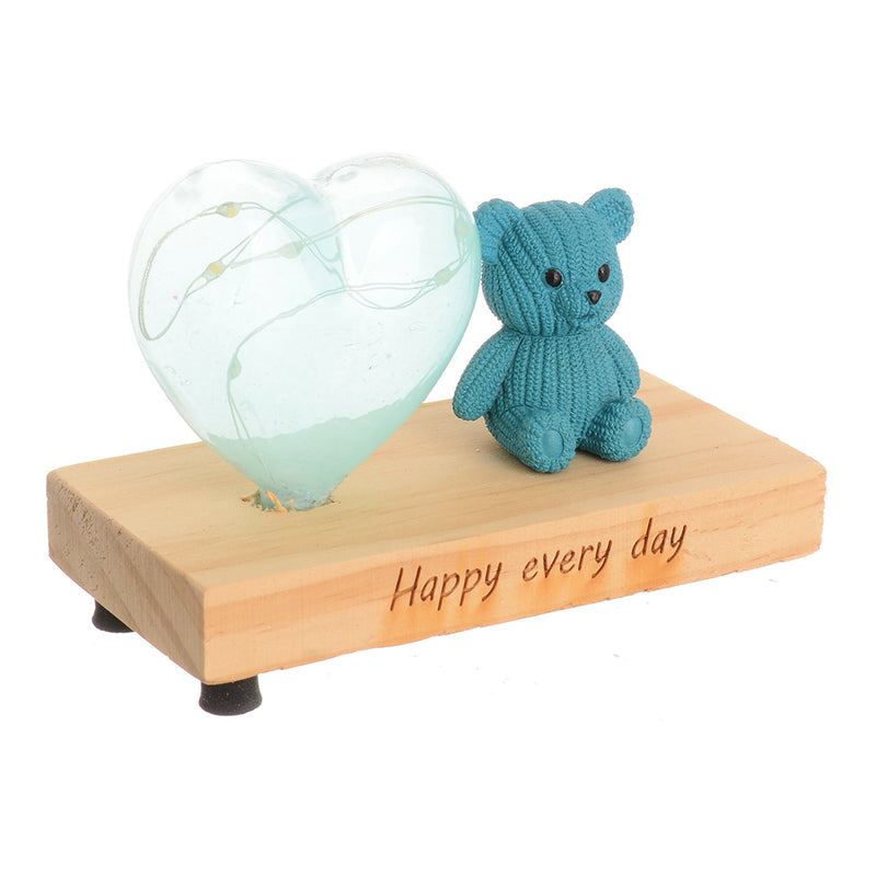 Luminous heart-shaped glass crystal with a teddy bear, cyan color, 12*6