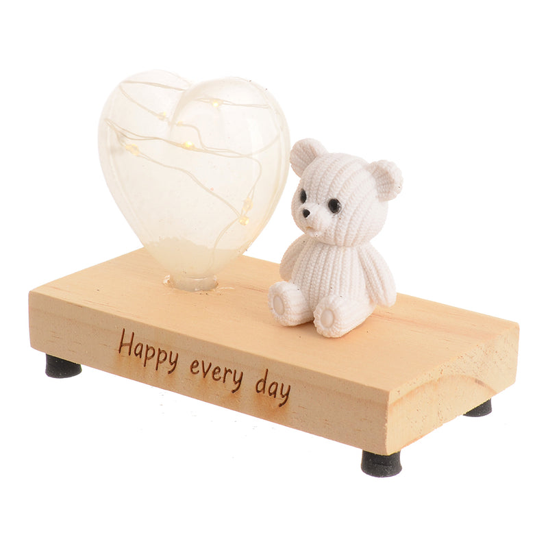 Luminous glass crystal, heart shape, with a teddy bear, white, 12*6