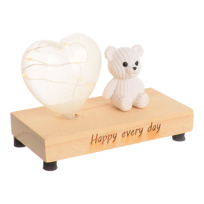 Luminous glass crystal, heart shape, with a teddy bear, white, 12*6