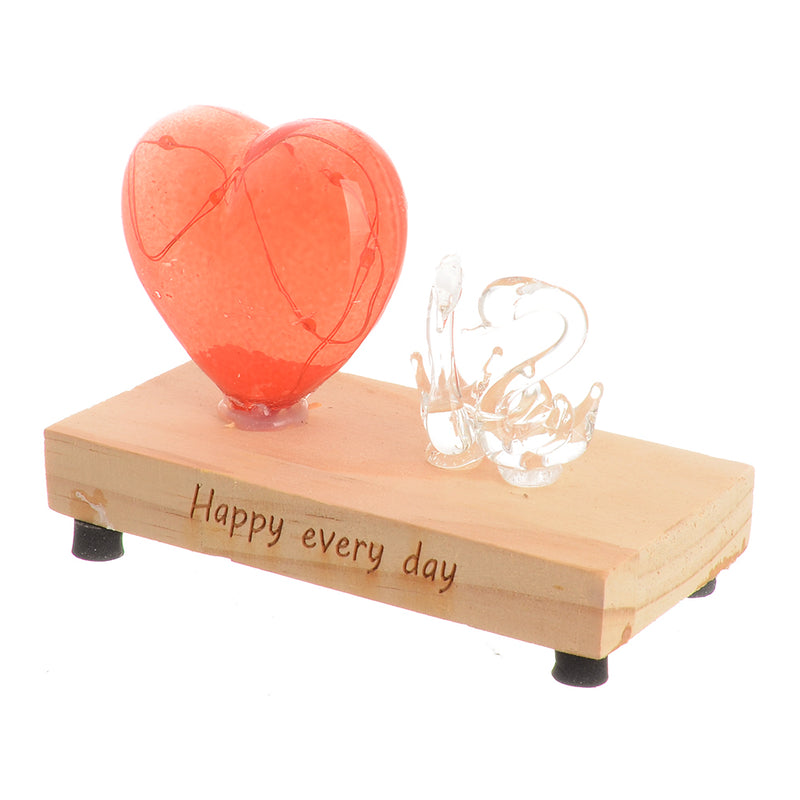 Luminous glass crystal, heart shape with flamingo, red color, 12*6