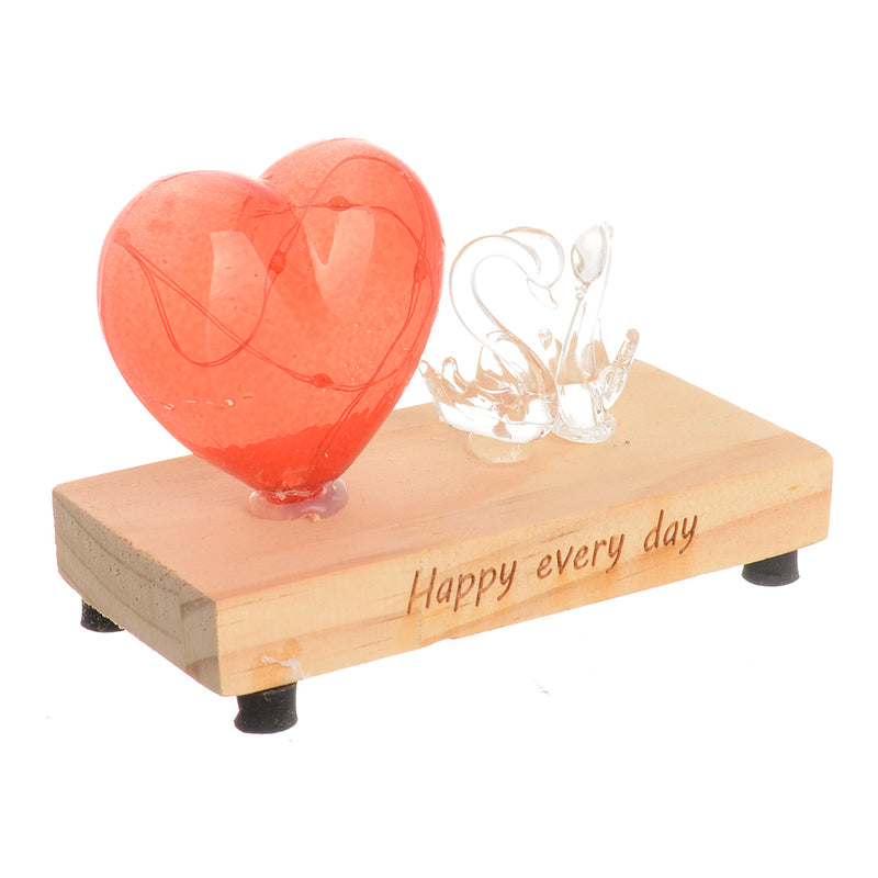 Luminous glass crystal, heart shape with flamingo, red color, 12*6