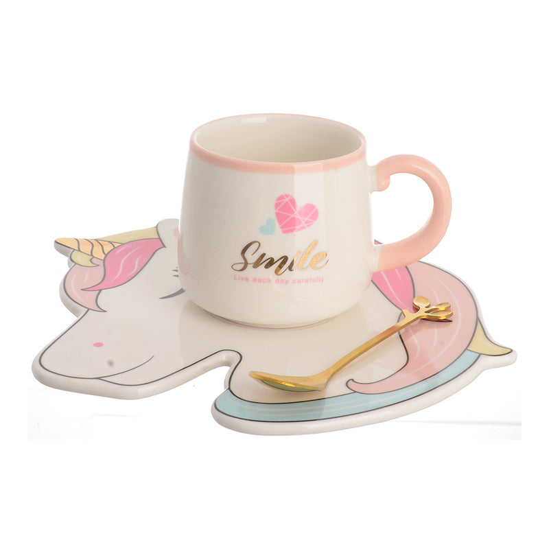 Pink unicorn style tea cup and coaster set