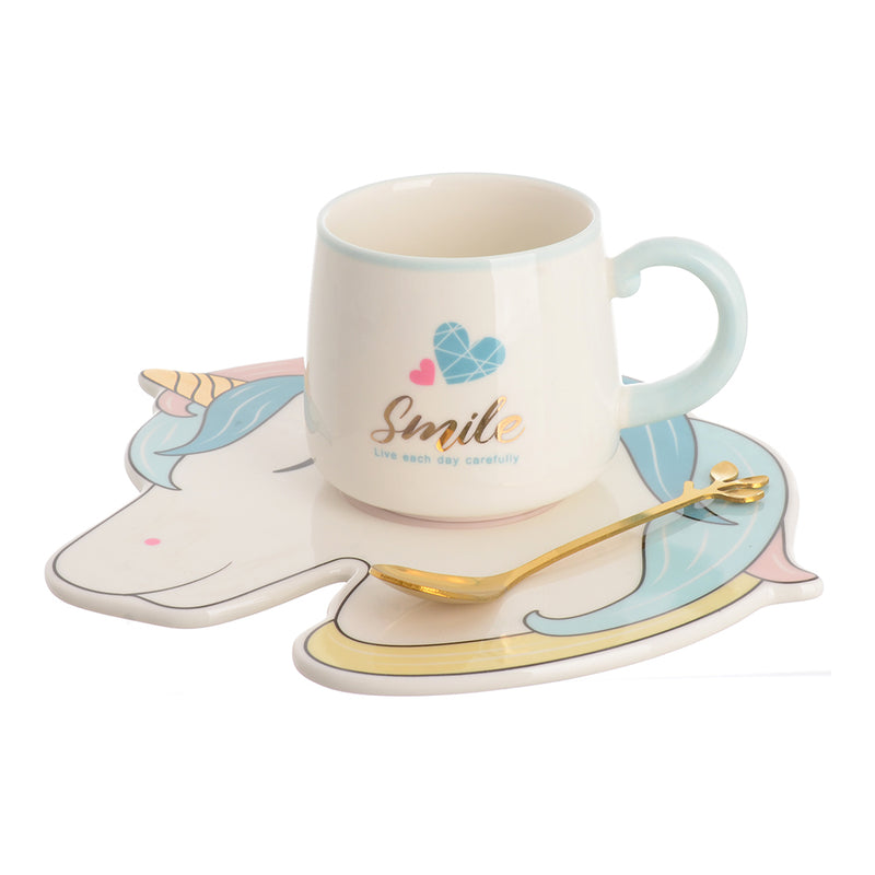 Unicorn pattern cup and coaster set in brown